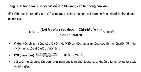 5 Bí Mật Thiết Kế Cửa Kính Quầy Thuốc Giúp Tăng Doanh Thu Lên Đến 40% Ngay Lập Tức! 7 Công thức tính toán ROI (lợi tức đầu tư) khi nâng cấp hệ thống cửa kính
