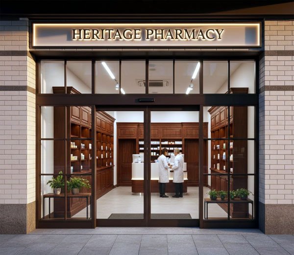 5 Bí Mật Thiết Kế Cửa Kính Quầy Thuốc Giúp Tăng Doanh Thu Lên Đến 40% Ngay Lập Tức! 3 Mẫu cửa kính quầy thuốc phong cách Truyền Thống Kết Hợp Hiện Đại (Fusion Style)