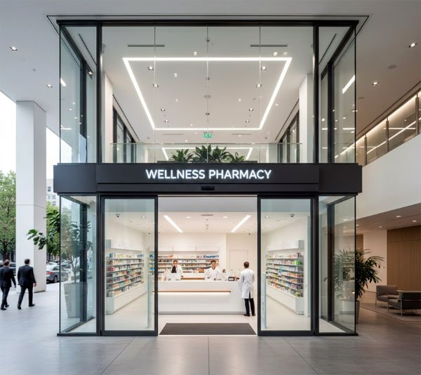5 Bí Mật Thiết Kế Cửa Kính Quầy Thuốc Giúp Tăng Doanh Thu Lên Đến 40% Ngay Lập Tức! 5 mẫu thiết kế quầy thuốc dành cho các tòa nhà văn phòng, khu thương mại hoặc bệnh viện, với cửa kính tự động kích thước lớn